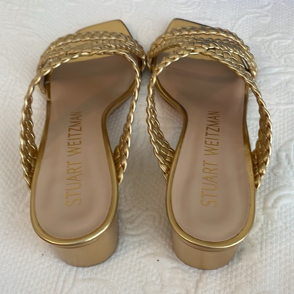 NWT Stuart Weitzman Gold Rosie Woven Block Heel Side Sandals size 8 - Picture 6 of 16